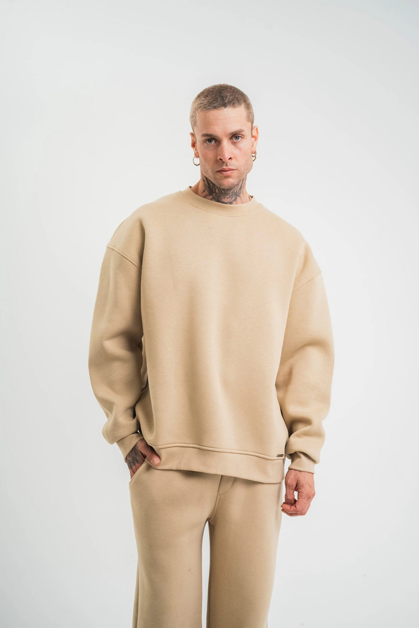 Erkek Uzun Kol Bisiklet Yaka 3 iplik Pamuklu Kışlık SweatShirt - Bej