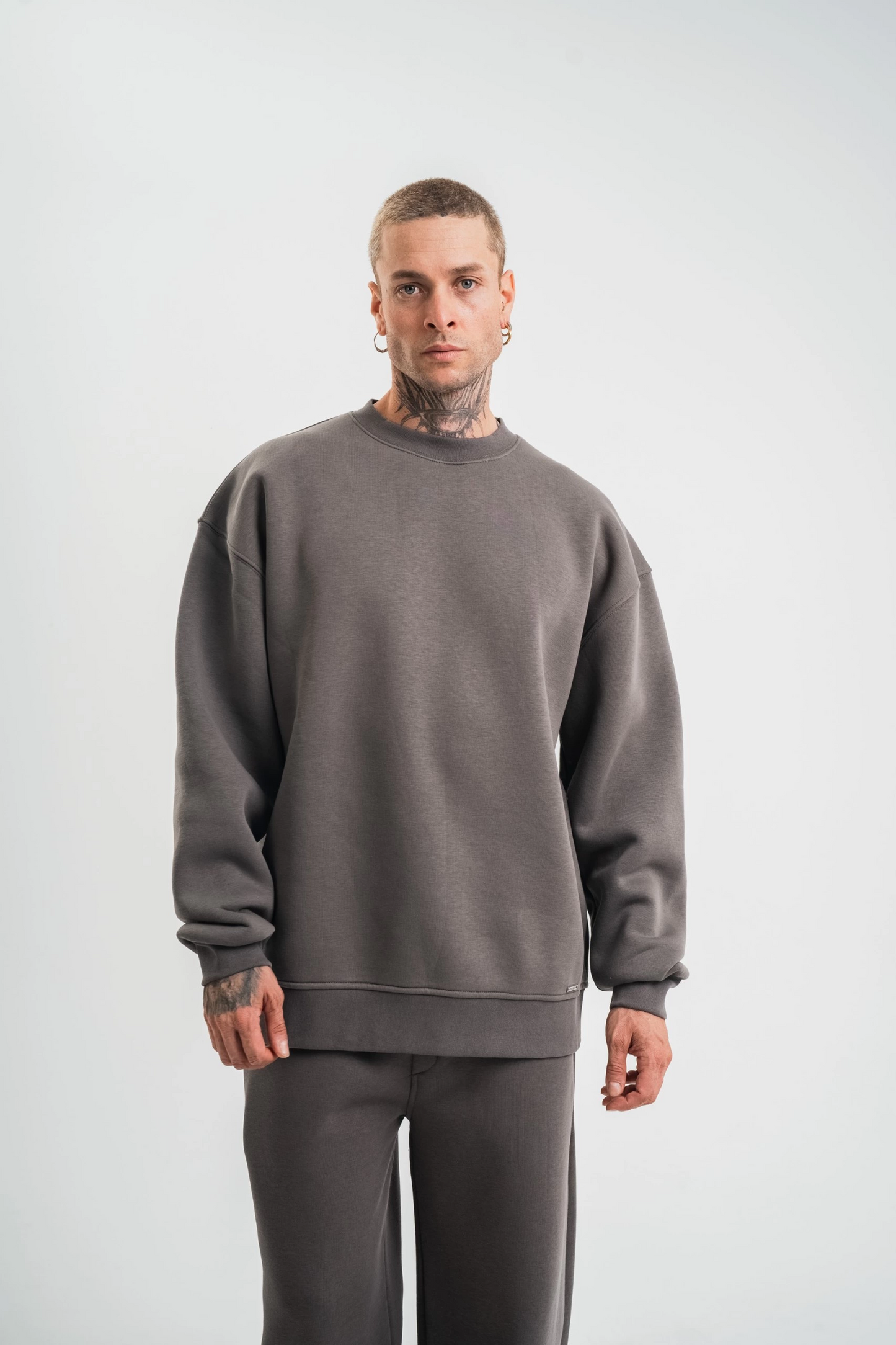 Erkek Uzun Kol Bisiklet Yaka 3 iplik Pamuklu Kışlık SweatShirt - Füme