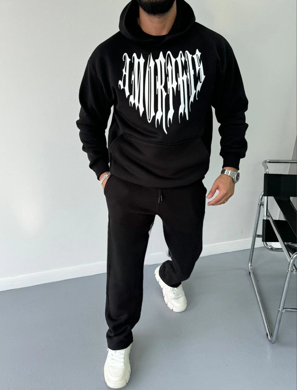 Erkek üç iplik pamuklu Kapüşonlu Baskılı SweatShirt - Siyah