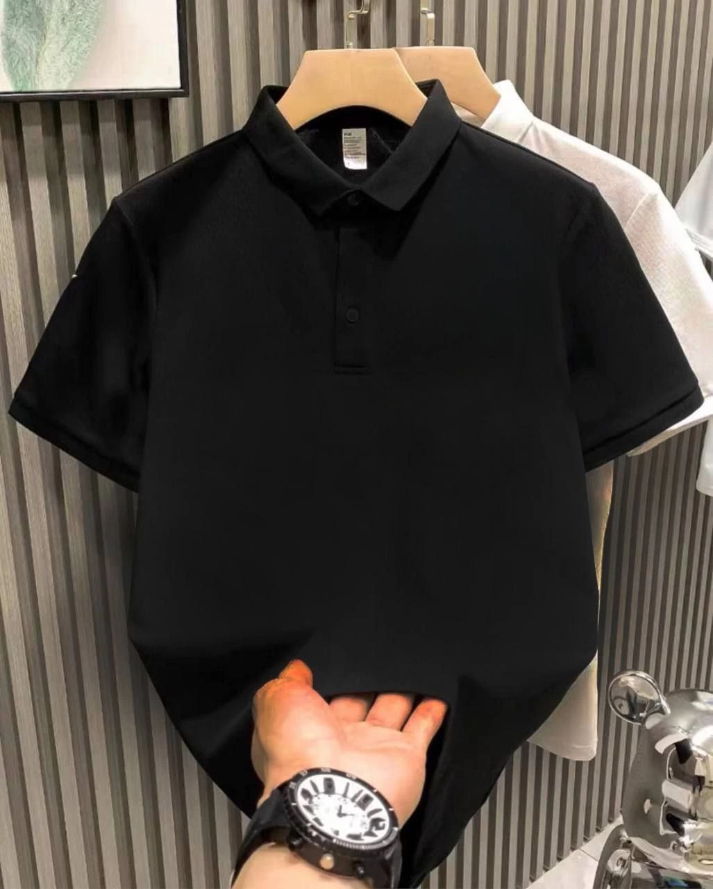 Erkek Yakalı Pike Kumaş Tişort Düğmeli Düz kısa kol T-Shirt - Siyah