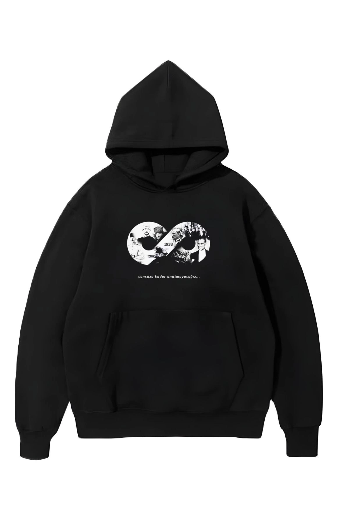 Erkek 10 Kasıma Özel Üç İplik Kapüşonlu Baskılı SweatShirt - Siyah