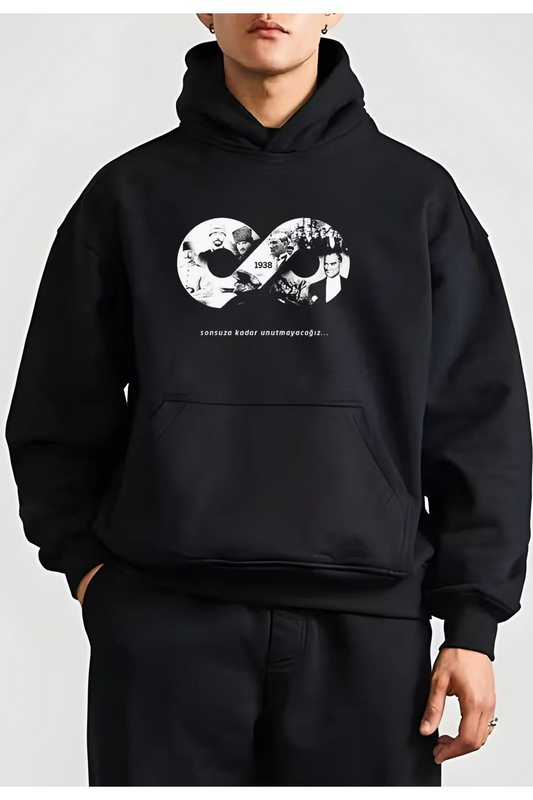 Erkek 10 Kasıma Özel Üç İplik Kapüşonlu Baskılı SweatShirt - Siyah