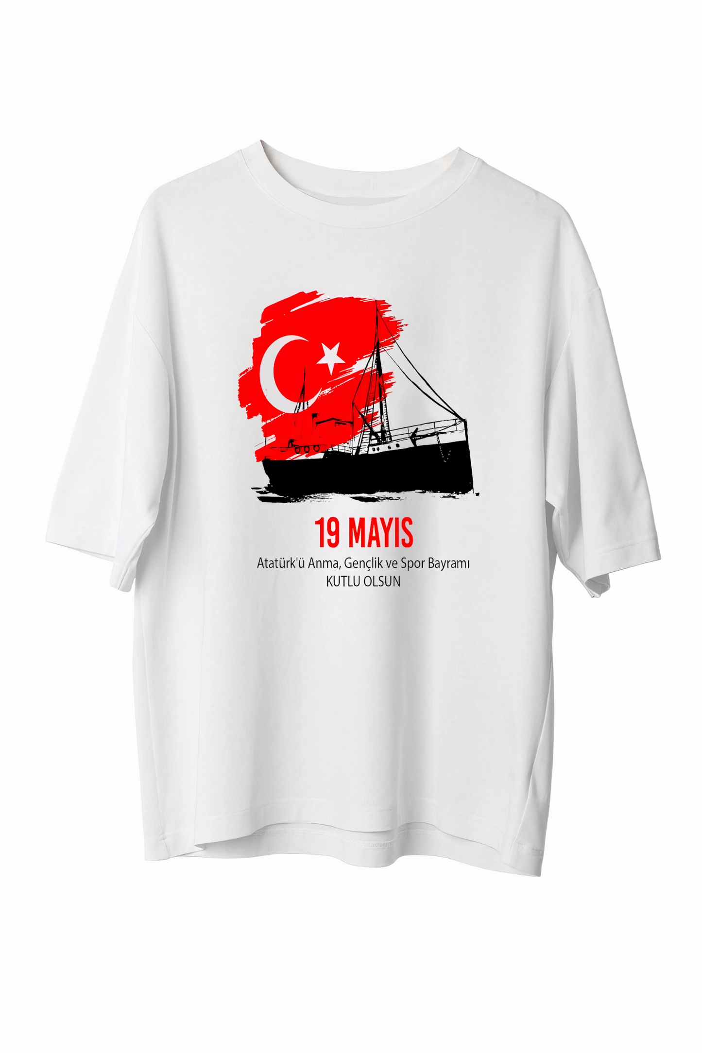 19 Mayıs Atatürk'ü Anma Gençlik ve Spor Bayramı Baskılı Oversize T-shirt - Beyaz