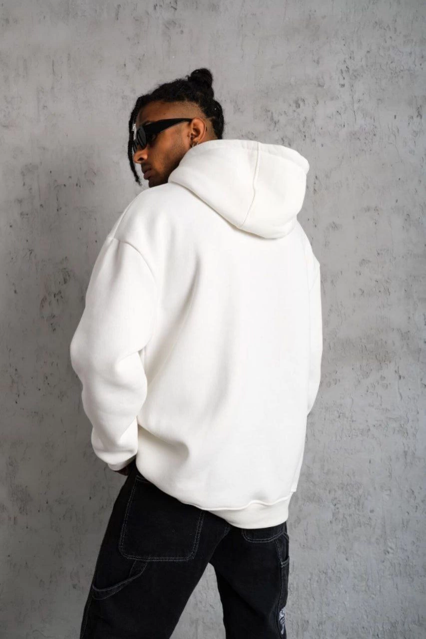 Erkek 3 İplik Kapşonlu Sweatshirt - Beyaz