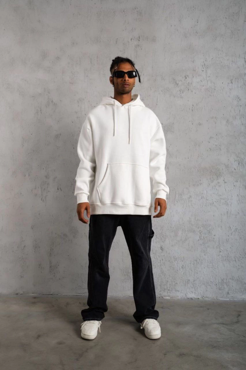 Erkek 3 İplik Kapşonlu Sweatshirt - Beyaz