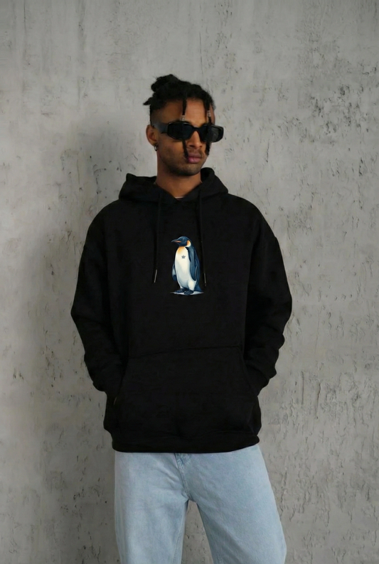 Siyah Oversize - Sırt Baskılı "Survivor Penguin" Temalı Felsefi Yazılı Kapüşonlu - Siyah