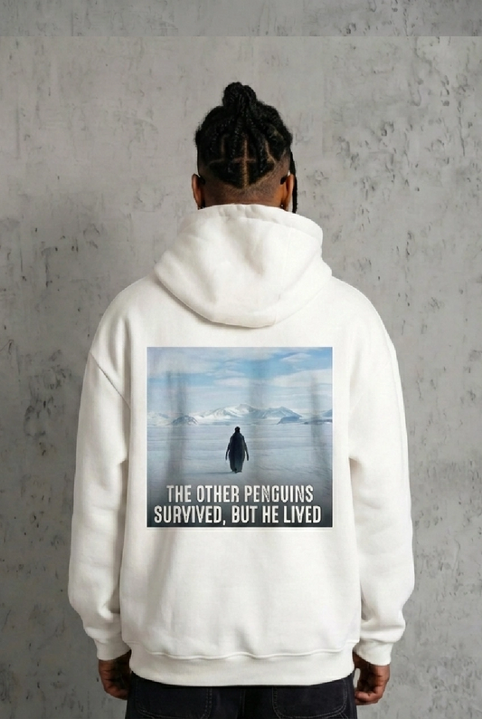 Siyah Oversize - Sırt Baskılı "Survivor Penguin" Temalı Felsefi Yazılı Kapüşonlu - Beyaz