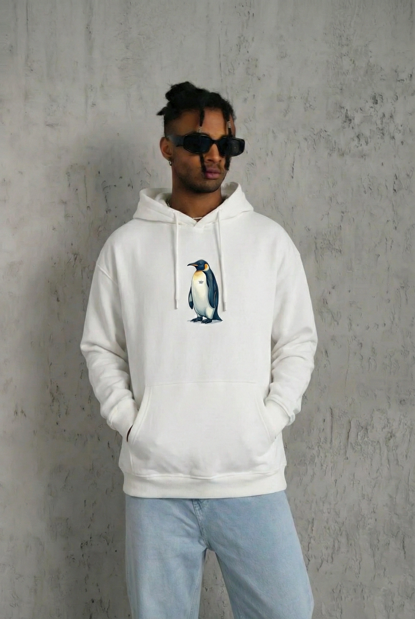 Siyah Oversize - Sırt Baskılı "Survivor Penguin" Temalı Felsefi Yazılı Kapüşonlu - Beyaz