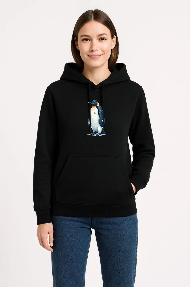 Kadın Oversize - Sırt Baskılı "Survivor Penguin" Temalı Felsefi Yazılı Kapüşonlu - Siyah