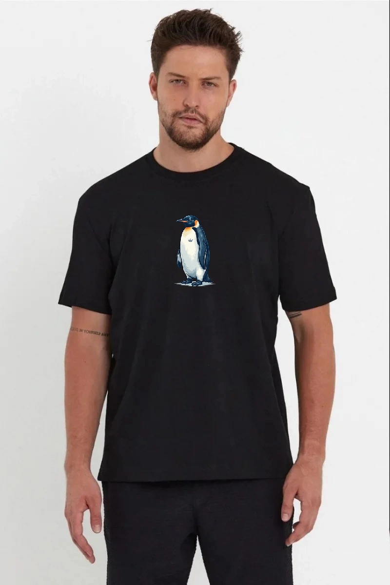 Erkek Oversize Tişört - Sırt Baskılı "Survivor Penguin" Temalı Felsefi Yazılı - Siyah