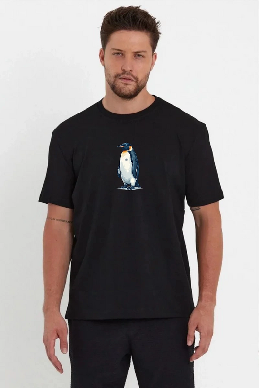 Erkek Oversize Tişört - Sırt Baskılı "Survivor Penguin" Temalı Felsefi Yazılı - Siyah