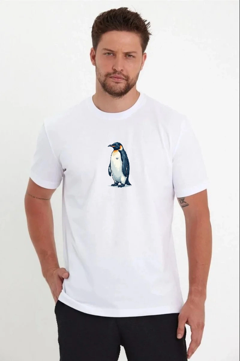 Erkek Oversize Tişört - Sırt Baskılı "Survivor Penguin" Temalı Felsefi Yazılı - Beyaz