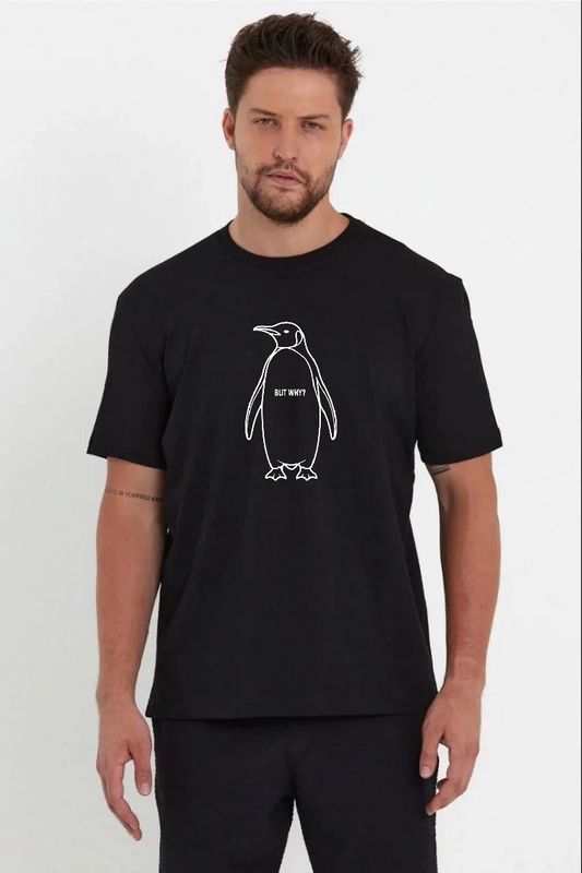 Erkek Nihilist Penguen Özel Tasarım Oversize Bisiklet Yaka Tişört - Siyah