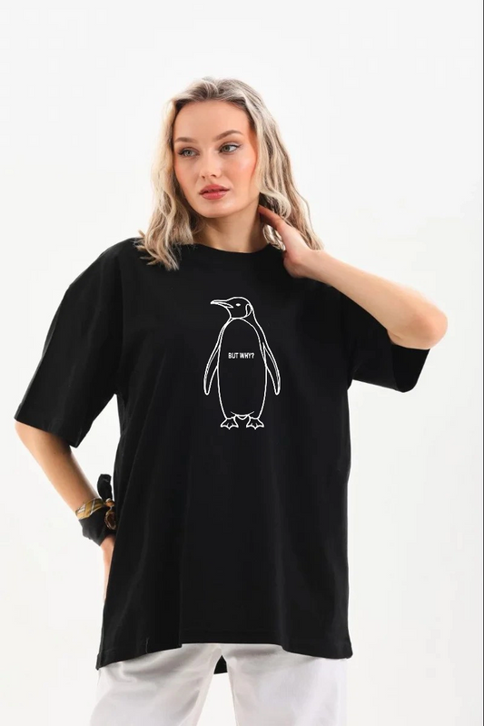 Kadın Nihilist Penguen Pamuklu Oversize Bisiklet Yaka Tişört - Siyah