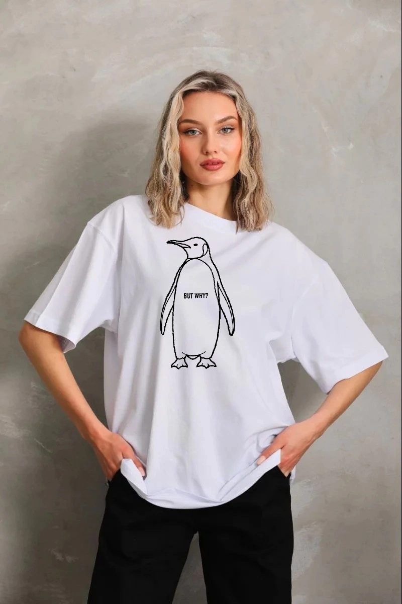 Kadın Nihilist Penguen Pamuklu Oversize Bisiklet Yaka Tişört - Beyaz