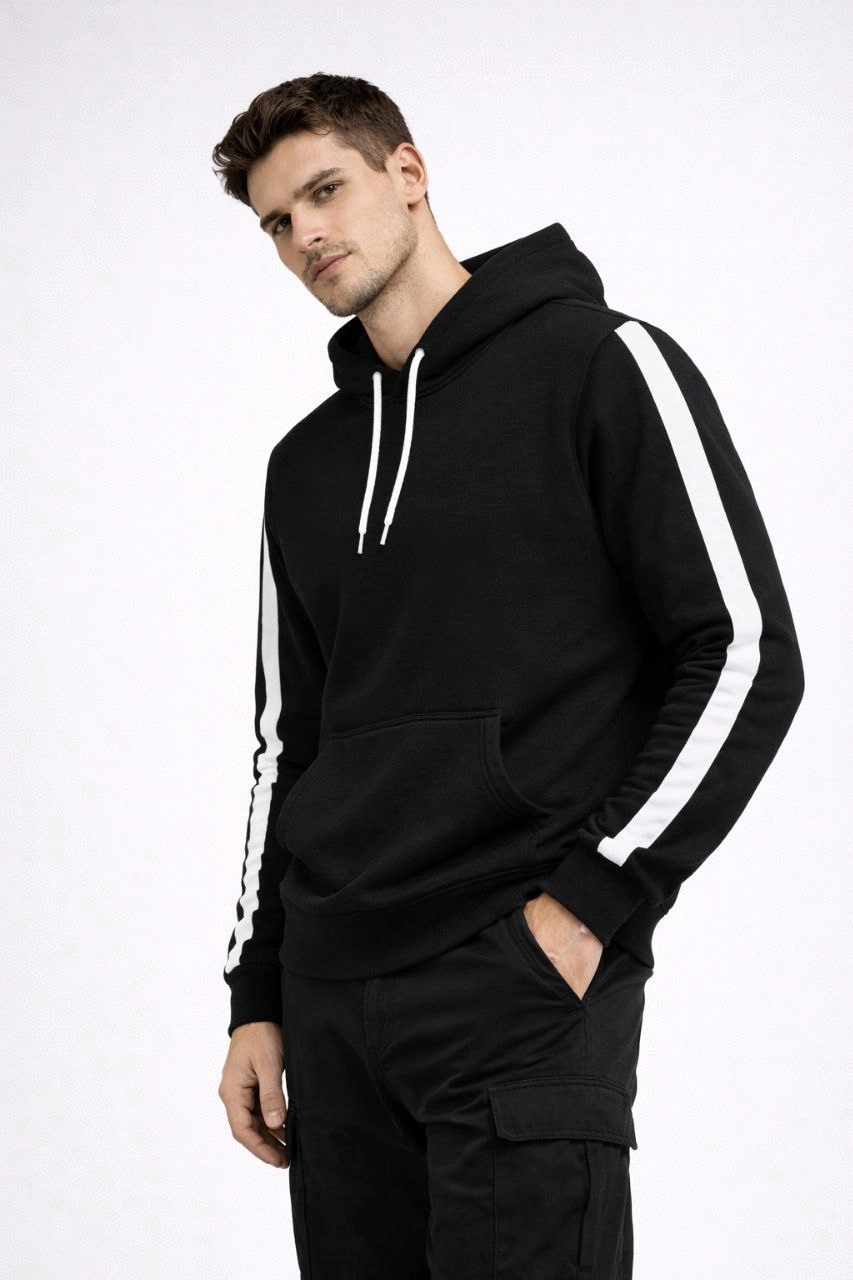 Erkek Şeritli Kapüşonlu Sweatshirt Oversize 3 iplik Pamuklu - Siyah
