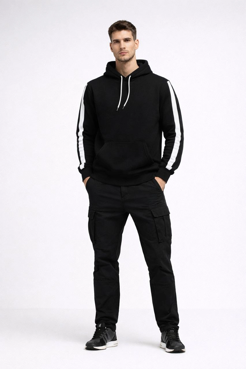 Erkek Şeritli Kapüşonlu Sweatshirt Oversize 3 iplik Pamuklu - Siyah