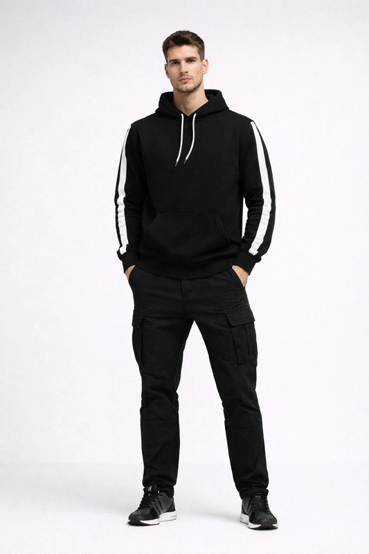 Erkek Şeritli Kapüşonlu Sweatshirt Oversize 3 iplik Pamuklu - Siyah