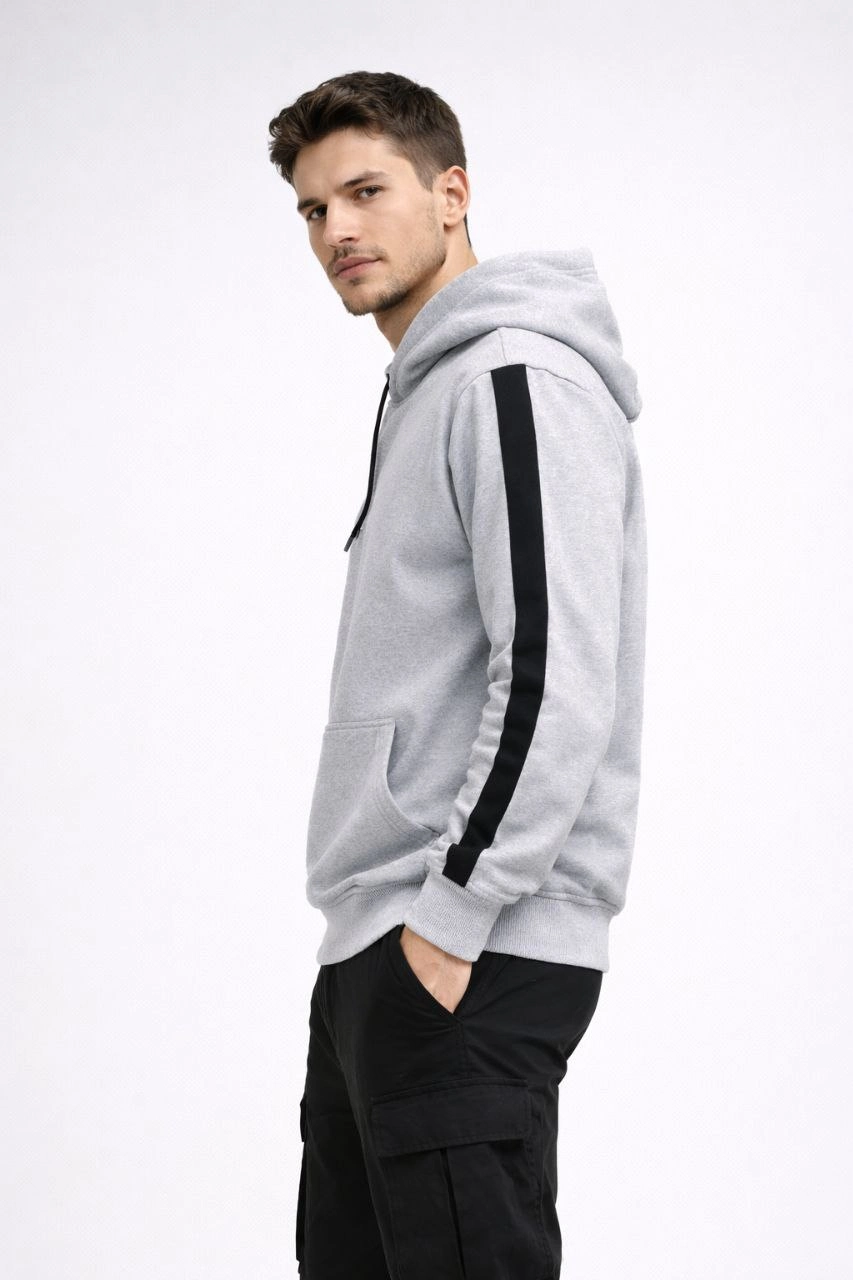 Erkek Şeritli Kapüşonlu Sweatshirt 3 iplik Pamuklu - Beyaz