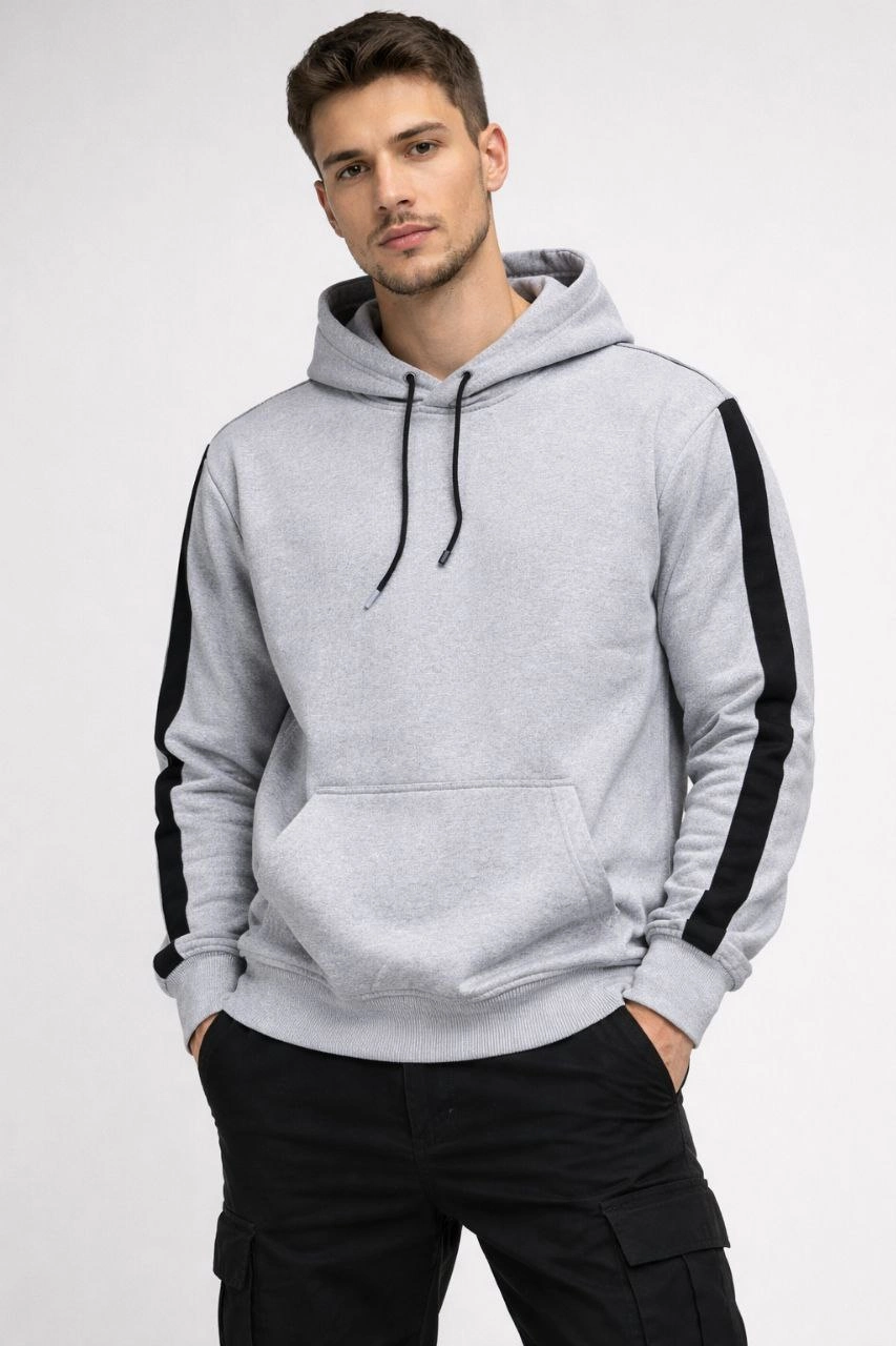 Erkek Şeritli Kapüşonlu Sweatshirt 3 iplik Pamuklu - Beyaz