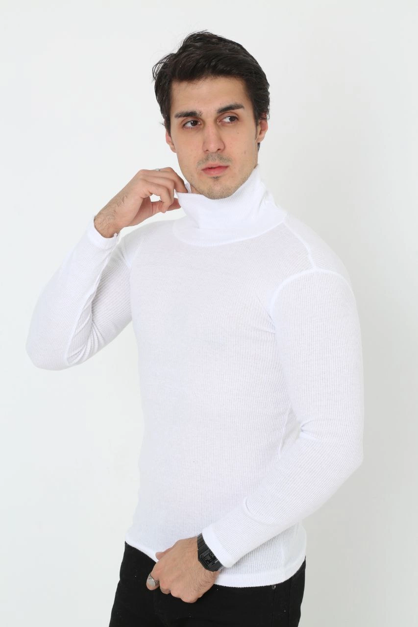 Erkek Kaşkorse Boğazlı Full Likralı Fitilli Body Kazak - Beyaz