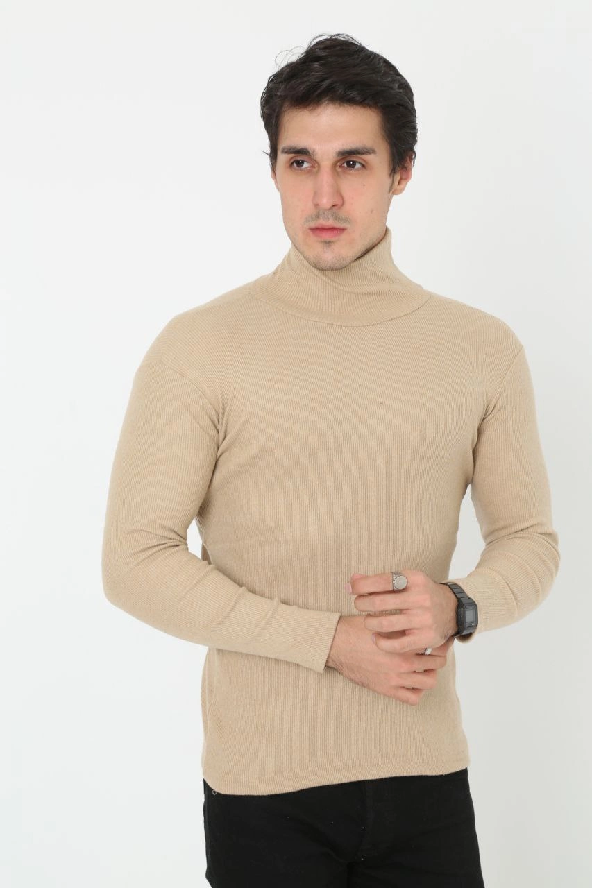 Erkek Kaşkorse Boğazlı Full Likralı Fitilli Body Kazak - Bej