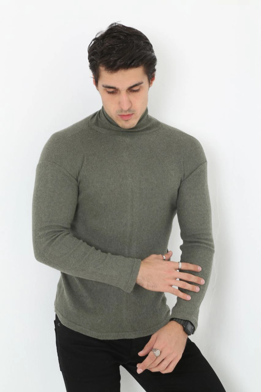 Erkek Kaşkorse Boğazlı Full Likralı Fitilli Body Kazak - Haki