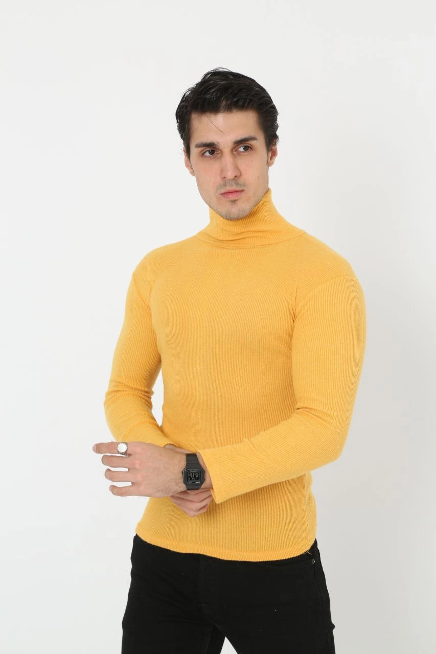 Erkek Kaşkorse Boğazlı Full Likralı Fitilli Body Kazak - Sarı
