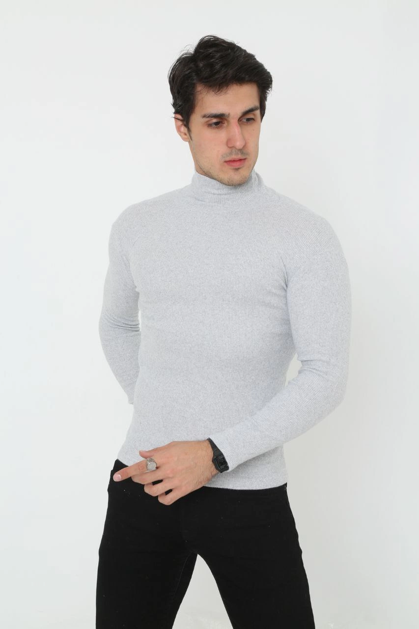 Erkek Kaşkorse Boğazlı Full Likralı Fitilli Body Kazak - Gri