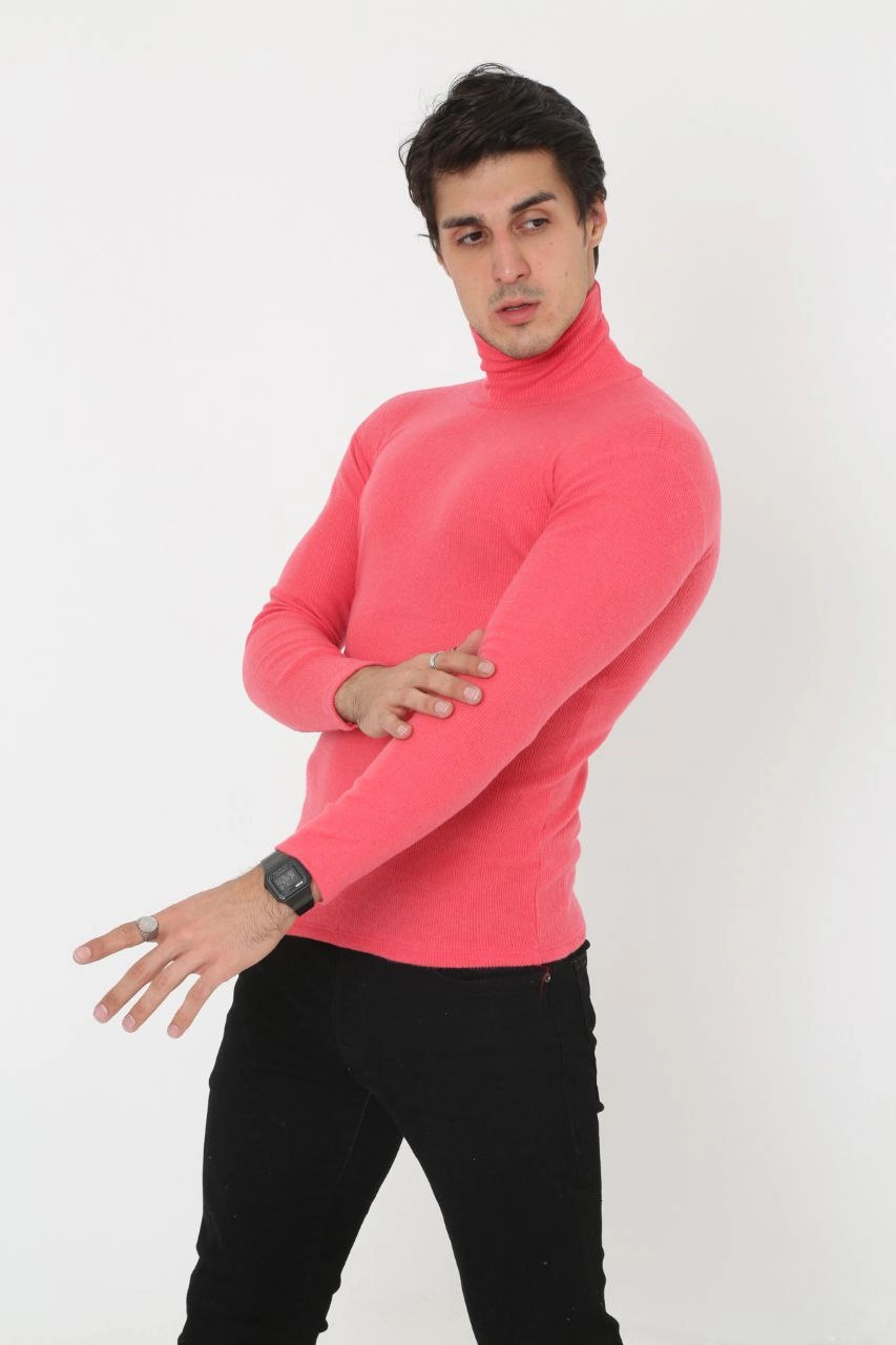 Erkek Kaşkorse Boğazlı Full Likralı Fitilli Body Kazak - Pembe