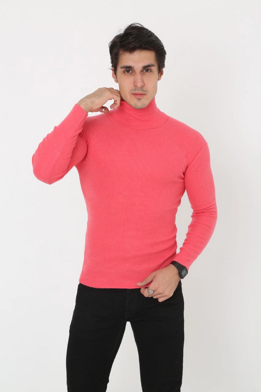 Erkek Kaşkorse Boğazlı Full Likralı Fitilli Body Kazak - Pembe