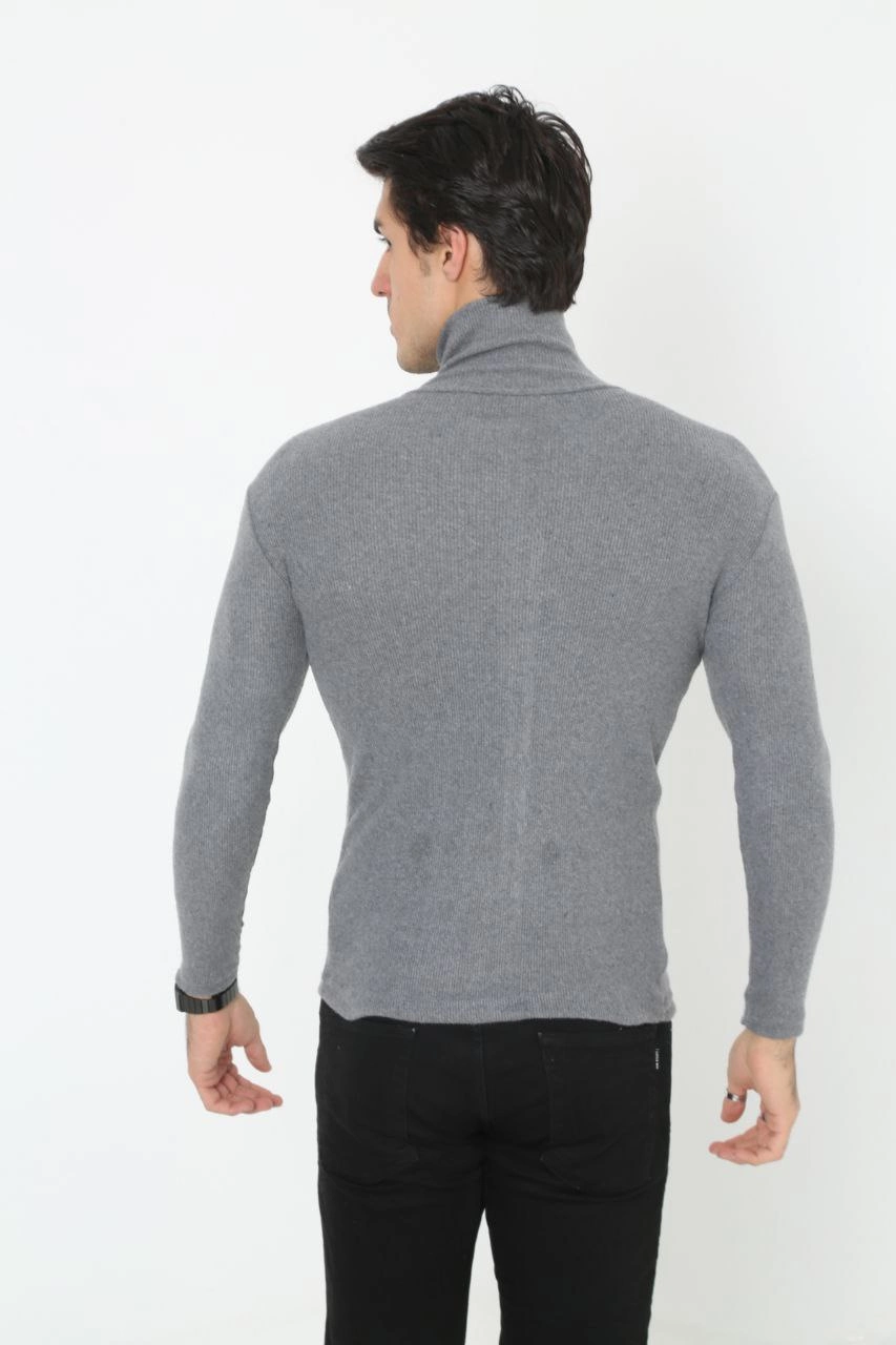 Erkek Kaşkorse Boğazlı Full Likralı Fitilli Body Kazak - Füme