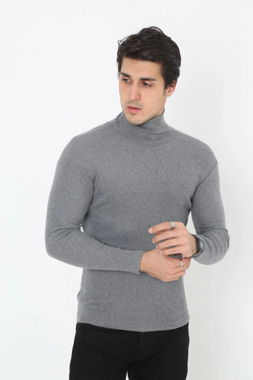 Erkek Kaşkorse Boğazlı Full Likralı Fitilli Body Kazak - Füme