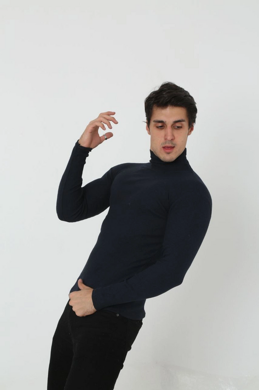 Erkek Kaşkorse Boğazlı Full Likralı Fitilli Body Kazak - Siyah