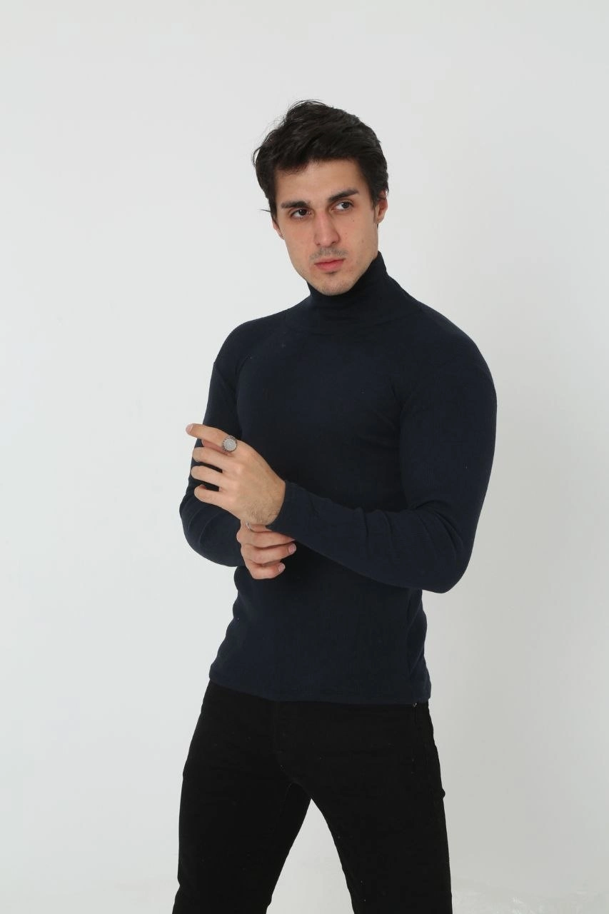 Erkek Kaşkorse Boğazlı Full Likralı Fitilli Body Kazak - Siyah