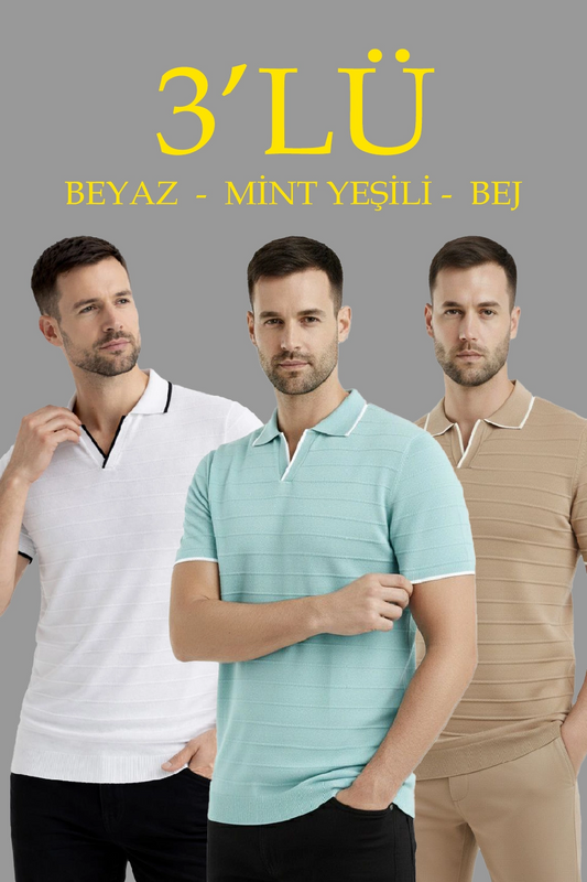 Erkek 3 lü Paket Triko Yakalı Düğmesiz Açık Yaka Fitilli Kısa Kollu Regular Fit Tişört