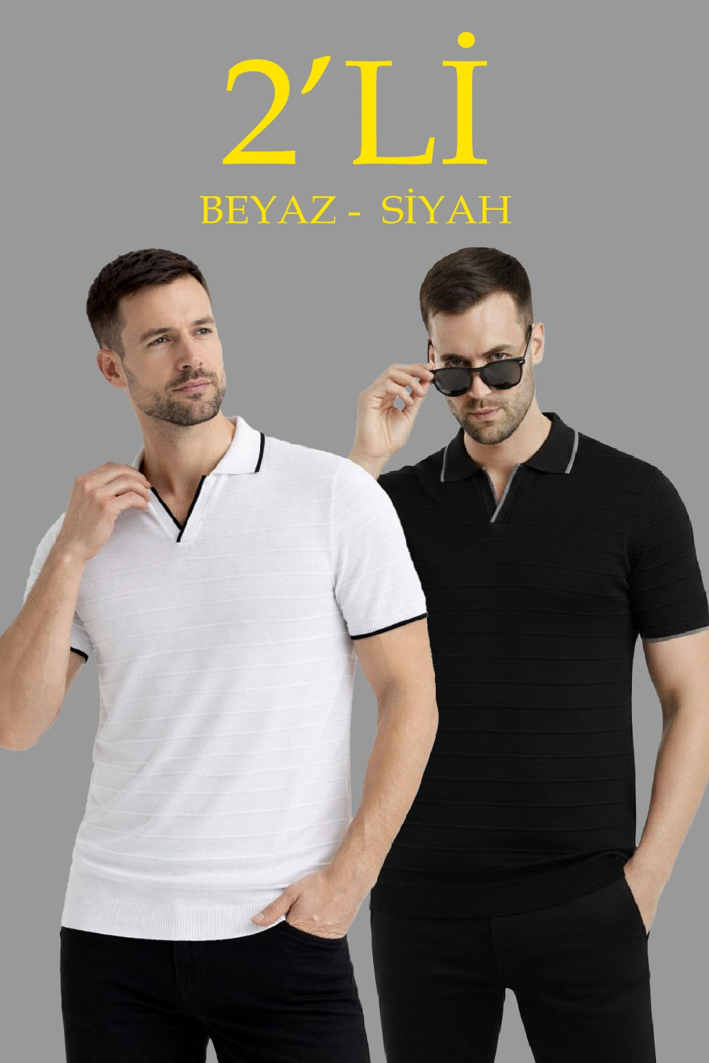 Erkek 2 li Paket Triko Yakalı Düğmesiz Açık Yaka Fitilli Kısa Kollu - Beyaz & Siyah