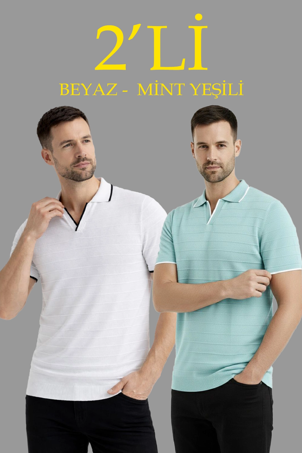 Erkek 2 li Paket Triko Yakalı Düğmesiz Açık Yaka Fitilli Kısa Kollu - Beyaz & Mint Yeşili