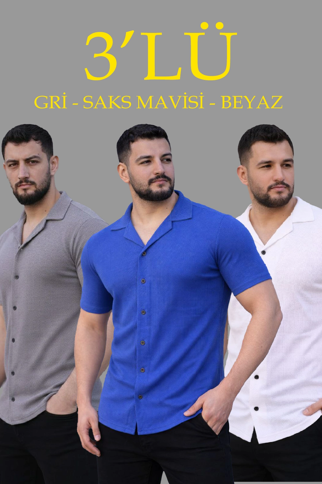 Erkek Waffle Dokuma Açık Yakalı Düğmeli Regular Kalıp 3 lü Gömlek Seti - Gri, Saks Mavisi, Beyaz