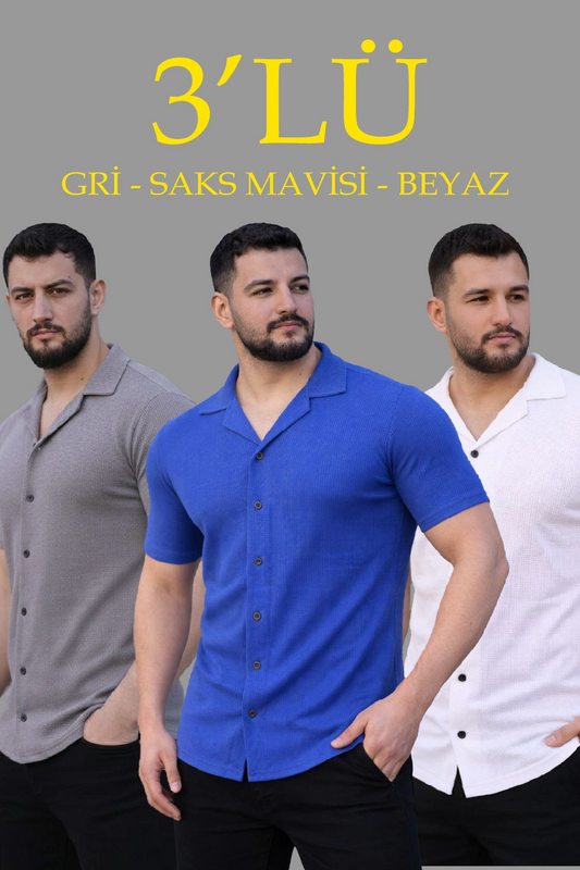 Erkek Waffle Dokuma Açık Yakalı Düğmeli Regular Kalıp 3 lü Gömlek Seti - Gri, Saks Mavisi, Beyaz
