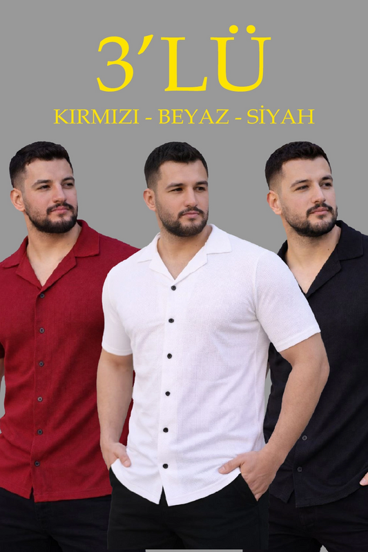 Erkek Waffle Dokuma Açık Yakalı Düğmeli Regular Kalıp 3 lü Gömlek Seti - Siyah, Kırmızı, Beyaz