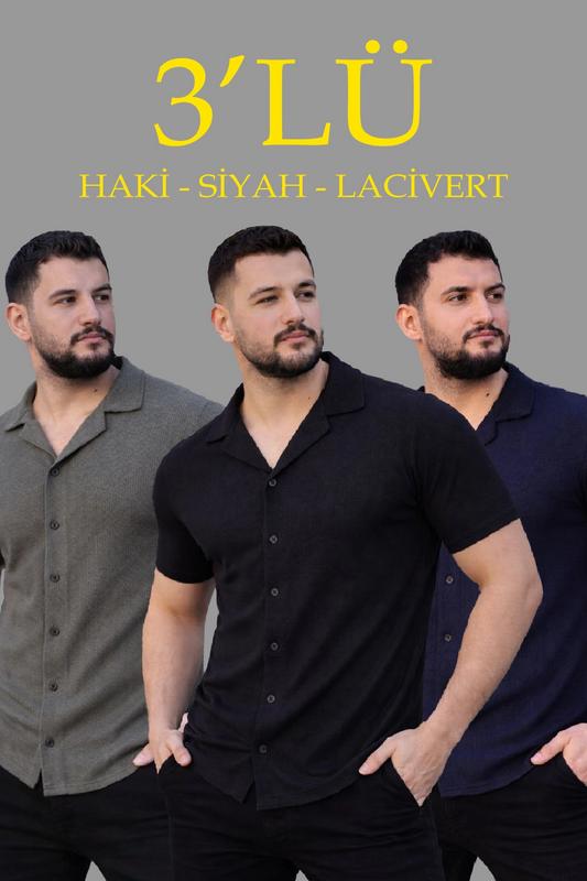 Erkek Waffle Dokuma Açık Yakalı Düğmeli Regular Kalıp 3 lü Gömlek Seti - Siyah, Haki, Lacivert