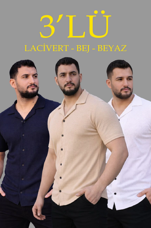 Erkek Waffle Dokuma Açık Yakalı Düğmeli Regular Kalıp 3 lü Gömlek Seti - Bej, Beyaz, Lacivert