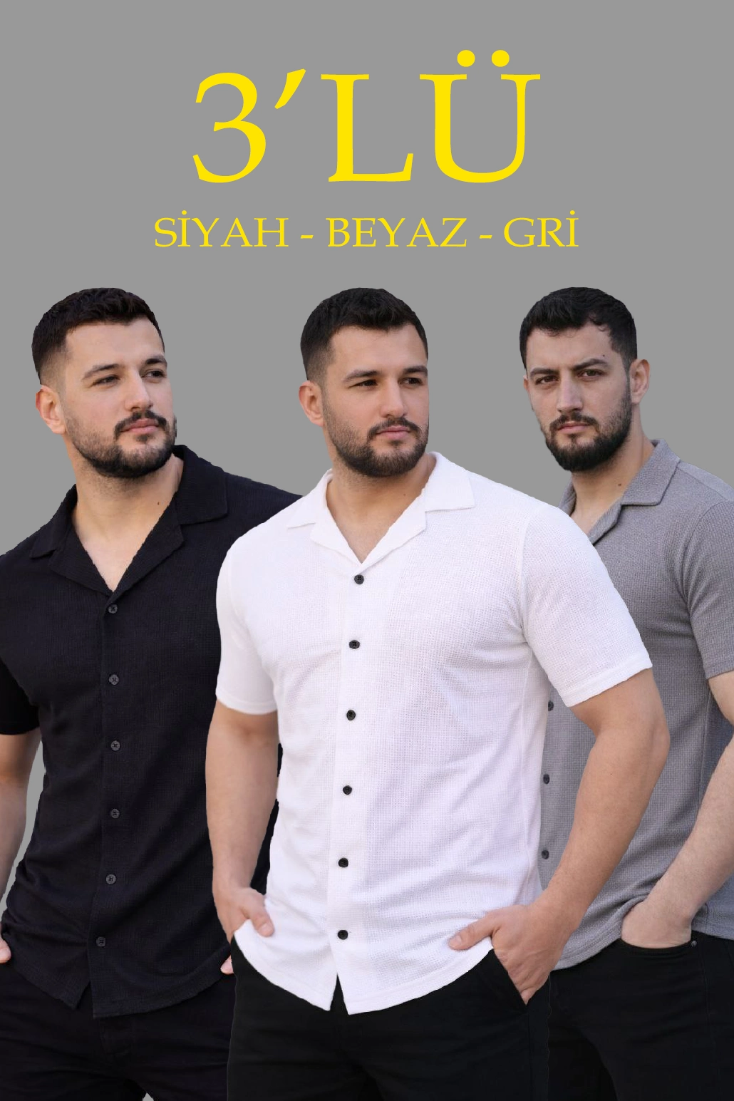 Erkek Waffle Dokuma Açık Yakalı Düğmeli Regular Kalıp 3 lü Gömlek Seti - Siyah, Beyaz, Gri