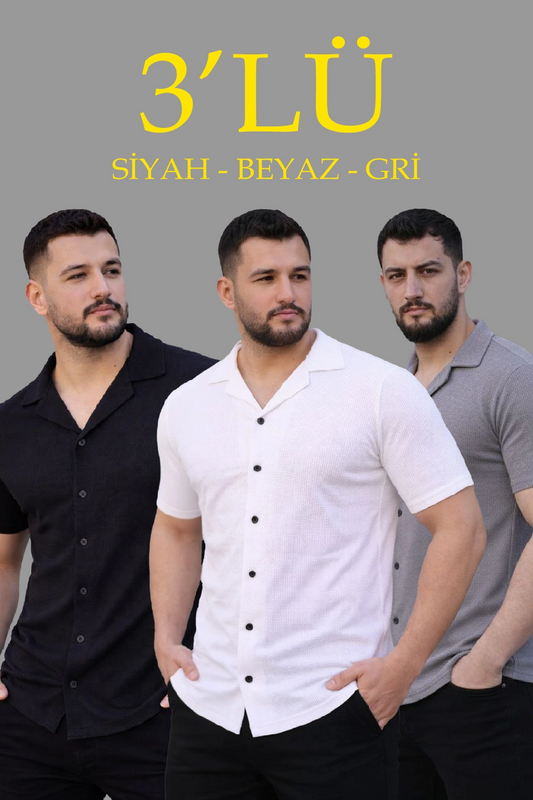 Erkek Waffle Dokuma Açık Yakalı Düğmeli Regular Kalıp 3 lü Gömlek Seti - Siyah, Beyaz, Gri