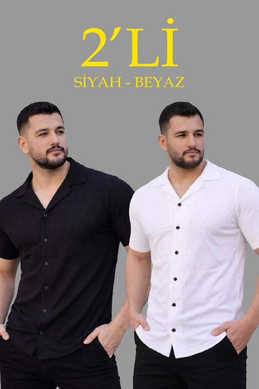 Erkek Waffle Dokuma Açık Yakalı Düğmeli Regular Kalıp 2 li Gömlek Seti - Siyah & Beyaz