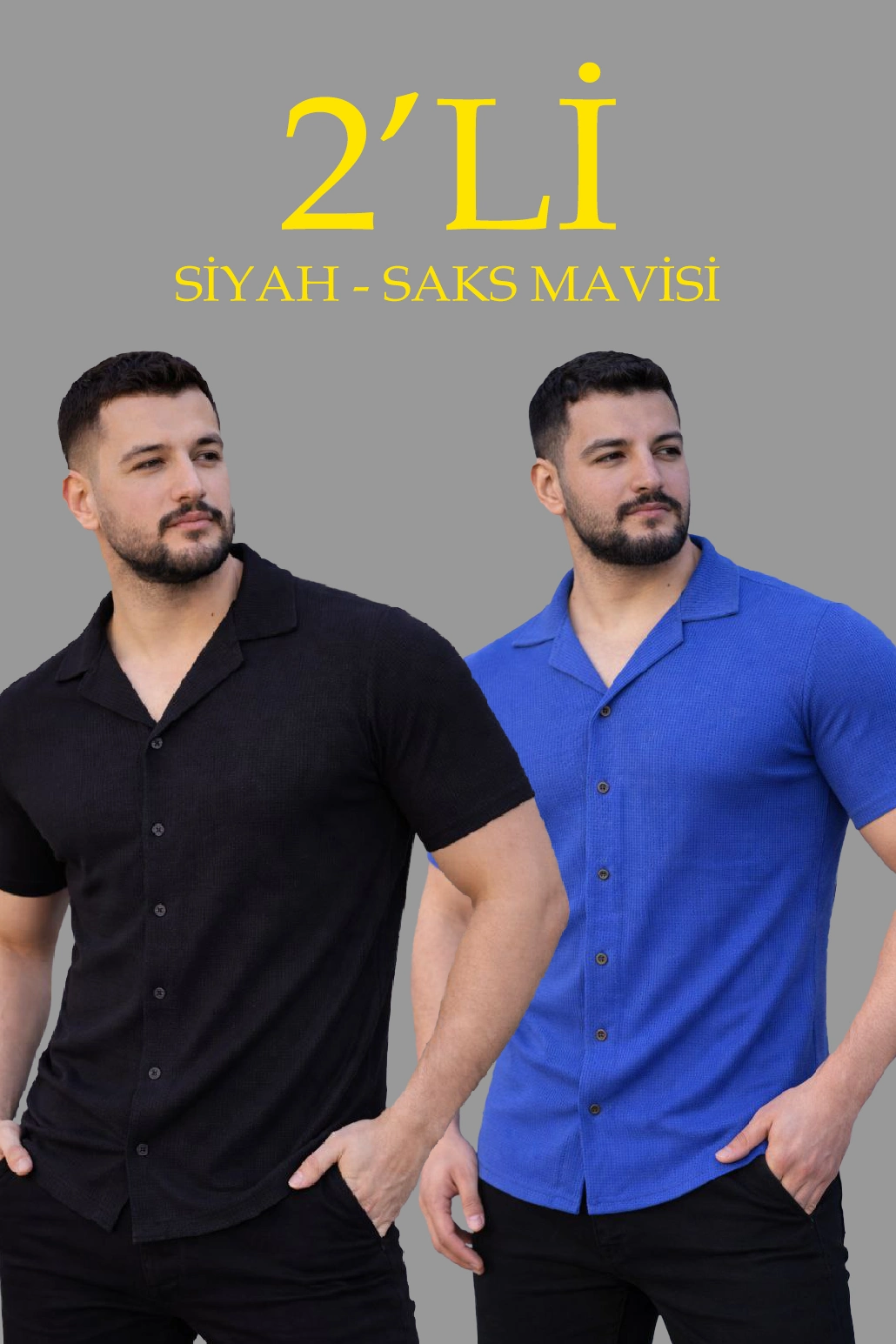Erkek Waffle Dokuma Açık Yakalı Düğmeli Regular Kalıp 2 li Gömlek Seti - Siyah & Saks Mavisi