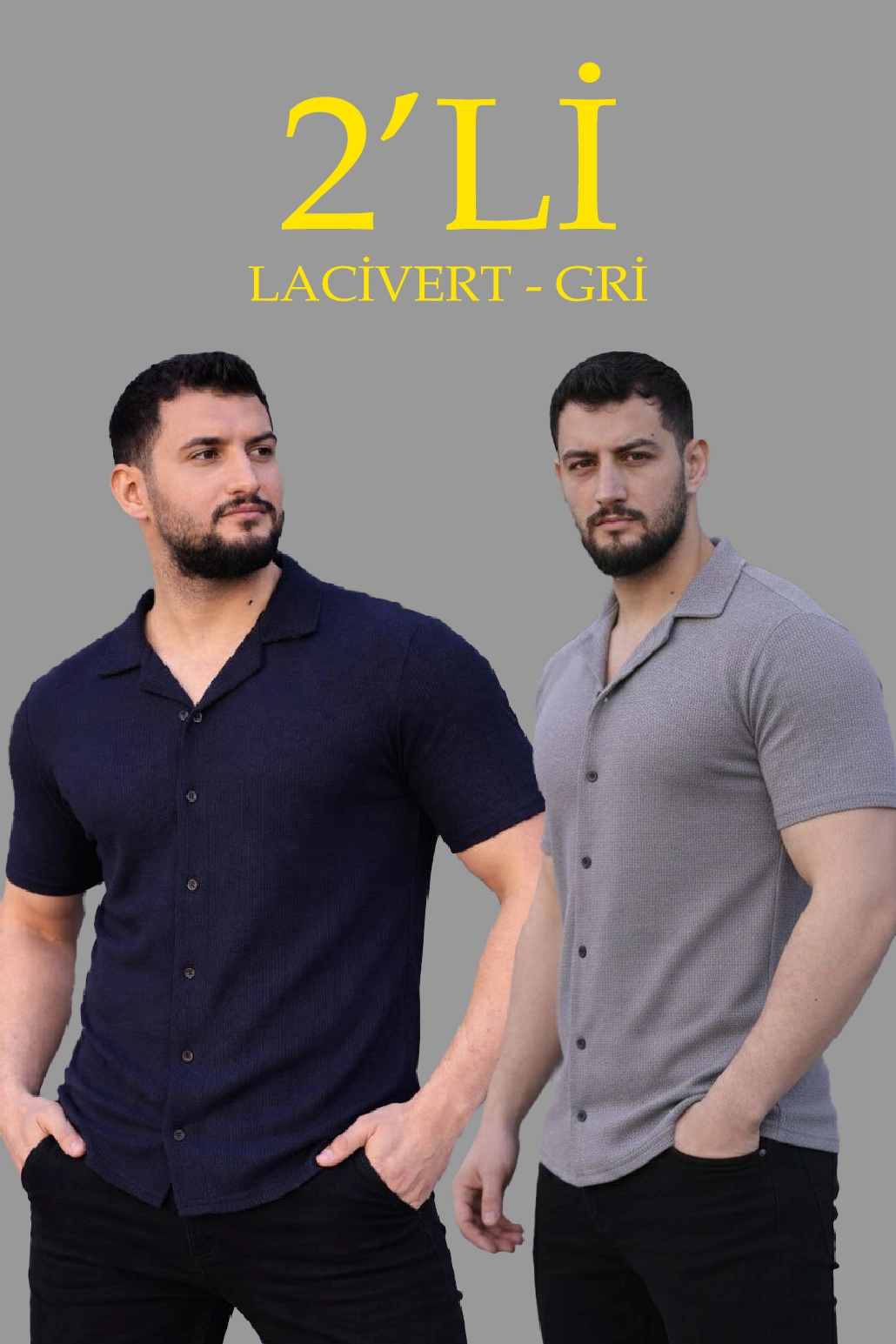 Erkek Waffle Dokuma Açık Yakalı Düğmeli Regular Kalıp 2 li Gömlek Seti - Lacivert & Gri