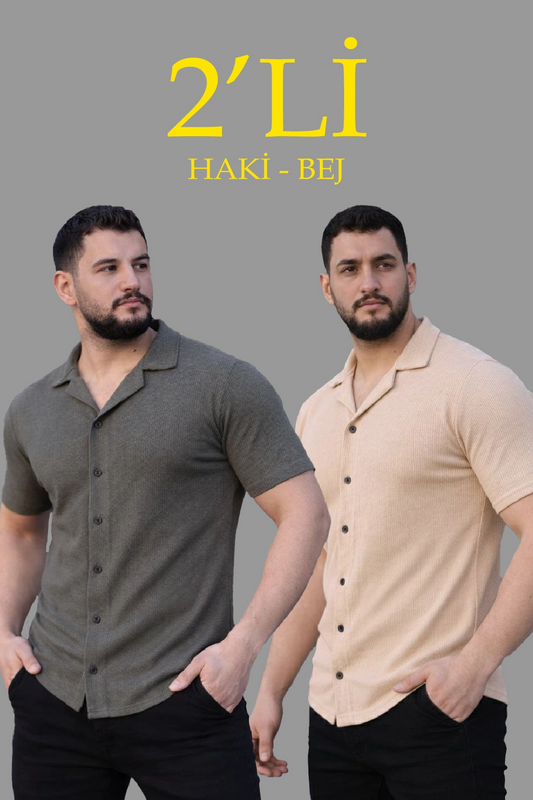 Erkek Waffle Dokuma Açık Yakalı Düğmeli Regular Kalıp 2 li Gömlek Seti - Haki & Bej