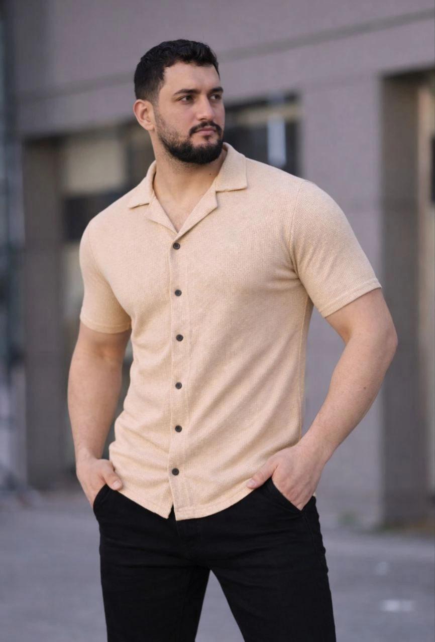 Erkek Waffle Dokuma Açık Yakalı Düğmeli Regular Kalıp 2 li Gömlek Seti - Haki & Bej